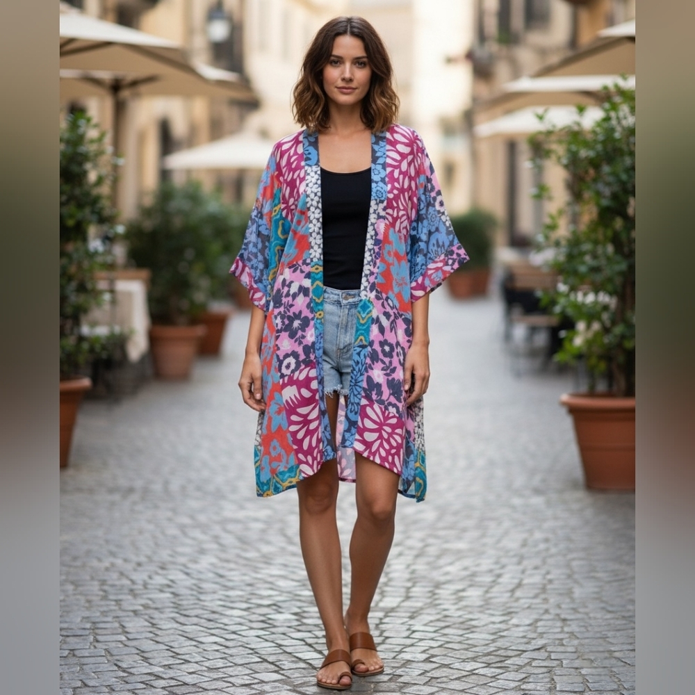 Women's Lightweight Patchwork Printed Duster Kimono